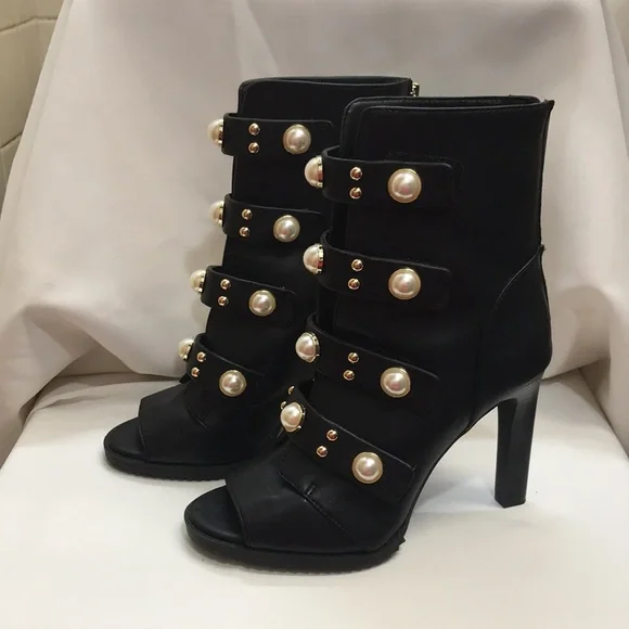 Karl Lagerfeld Brittie Embellished Pearls Women's 8M Peep Toe Black Booties - Picture 2 of 16